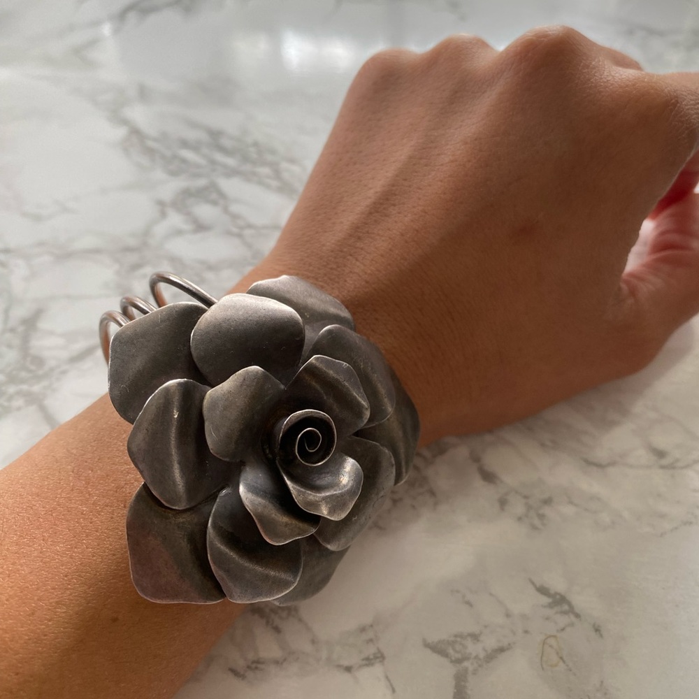 Vintge Handmade Sterling Silver Rose cuff Bracelet statement  free people hobo